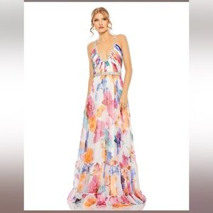 NWT Ieena Mac Duggal Rhinestone Trim Floral Maxi Dress with Beaded Straps 12